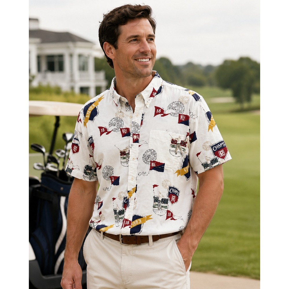 Vintage Chaps Ralph Lauren Button Front Shirt Mens Large White Golf Print Cotton
